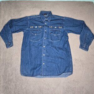 Rare Ron Weil Denim Shirt Embroidered Switzerland Cow Flower Pearl Snap Cotton